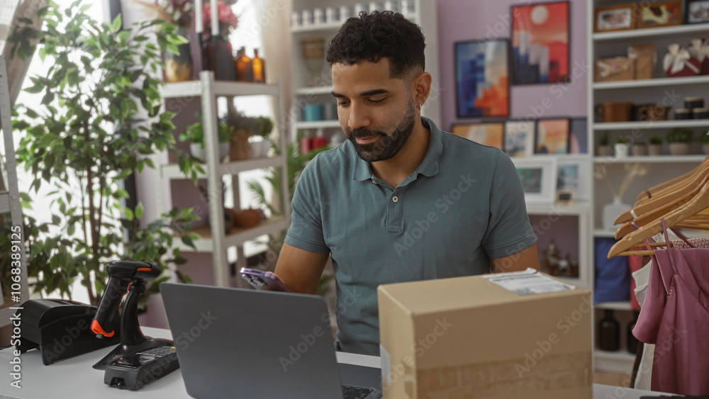 Young man in home decor store using smartphone and laptop with cardboard box on desk surrounded by plants and stylish decorations Young man in home decor store using smartphone and laptop with cardboard box on desk surrounded by plants and stylish decorations