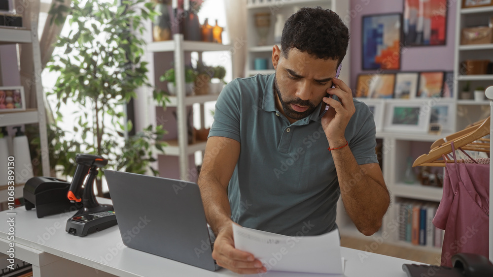 Young man reviews papers while talking on the phone in a home decor store, surrounded by decorative elements and working with a laptop Young man reviews papers while talking on the phone in a home decor store, surrounded by decorative elements and working with a laptop