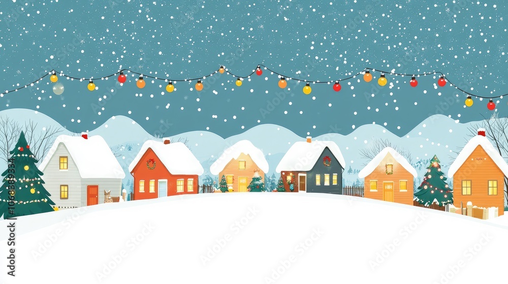 Snowy village scene with decorated houses and festive lights, with a large copy space in the sky area for a holiday message. Snowy village scene with decorated houses and festive lights, with a large copy space in the sky area for a holiday message.