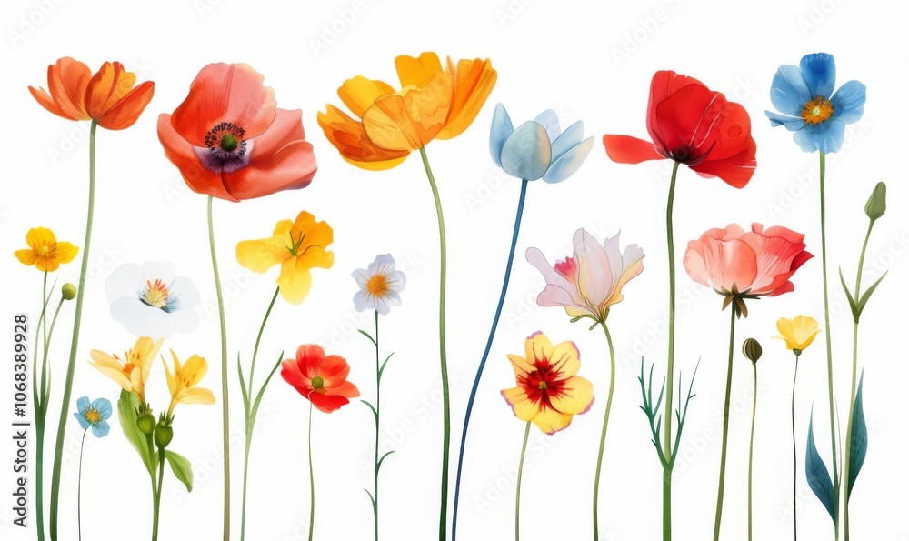 Fototapeta premium Collection of grunge oil painted summer flowers isolated on white background