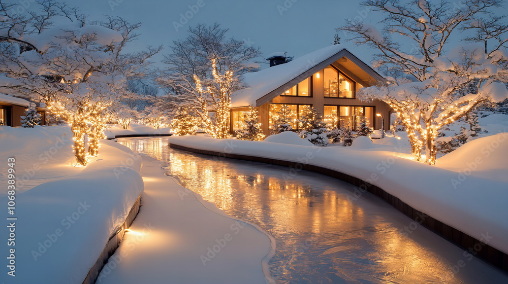 Fototapeta premium serene winter landscape featuring frozen lake and illuminated trees