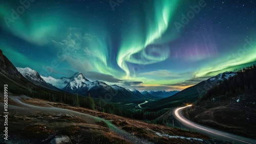 Wallpaper Mural Stunning aurora borealis lights up the night sky over majestic mountains and a serene river, creating a breathtaking natural spectacle in a remote wilderness Torontodigital.ca