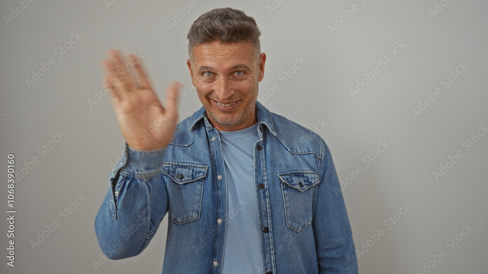 Middle-aged man smiling and waving in a casual denim shirt, isolated on a plain white background Middle-aged man smiling and waving in a casual denim shirt, isolated on a plain white background