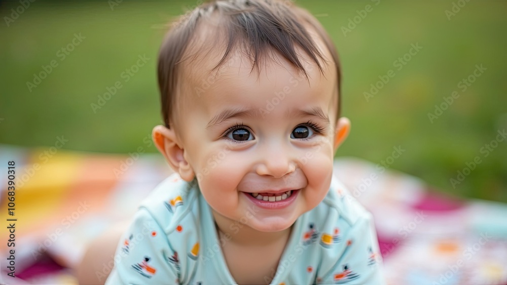 Joyful Baby Smiling While Playing on a Colorful Blanket in a Sunny Outdoor Park During a Warm Afternoon in Summer Joyful Baby Smiling While Playing on a Colorful Blanket in a Sunny Outdoor Park During a Warm Afternoon in Summer