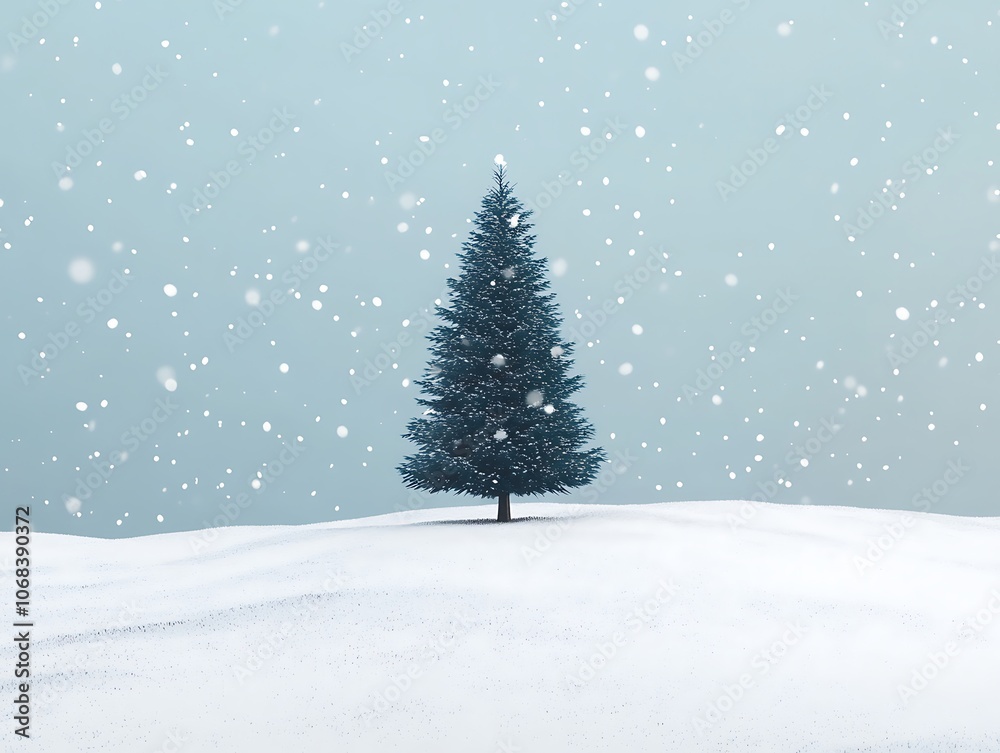 A Single Pine Tree Stands Tall in a Snowy Landscape A Single Pine Tree Stands Tall in a Snowy Landscape