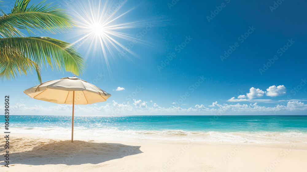 serene beach scene with sun umbrella and palm trees under bright sky