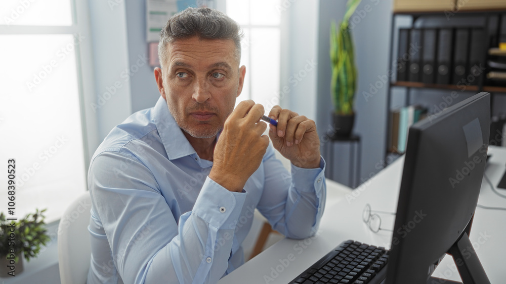 Handsome man contemplating in an office while holding a pen, surrounded by office furniture and natural light, conveying a thoughtful and professional atmosphere Handsome man contemplating in an office while holding a pen, surrounded by office furniture and natural light, conveying a thoughtful and professional atmosphere