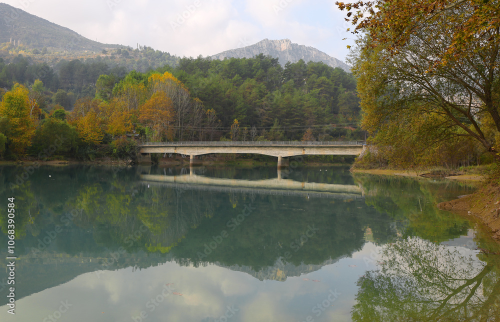 Belemedik National Park with Autumn Colors, Reflections and a Bridge in Pozanti, Adana, Turkey Belemedik National Park with Autumn Colors, Reflections and a Bridge in Pozanti, Adana, Turkey