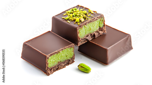 Dubai chocolate. Chocolate bar with green pistachio pasta and crunchy kadayif isolated on white background.  photo