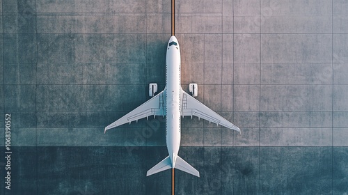 Aerial view of a large white passenger airplane standing on an airport runway tarmac, preparing for departure or arrival photo