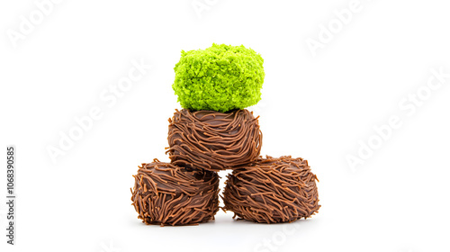 Dubai chocolate. Chocolate bar with green pistachio pasta and crunchy kadayif isolated on white background.  photo