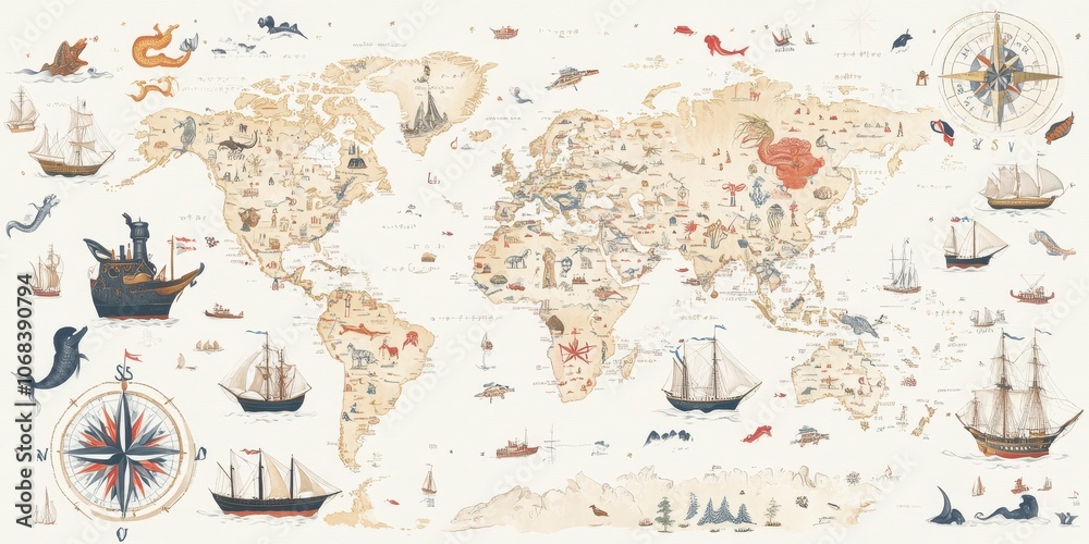 Fototapeta Illustrated World Map with Ships and Compass