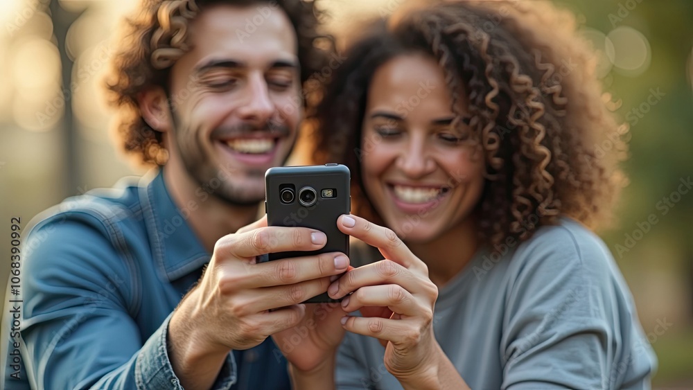 Couple Enjoying Time Together While Looking at a Smartphone in a Park During a Sunny Afternoon Couple Enjoying Time Together While Looking at a Smartphone in a Park During a Sunny Afternoon