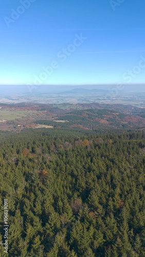 Panoramic landscape view from the top of Wielka Sowa Mountain, Sowie Mountains, Poland.