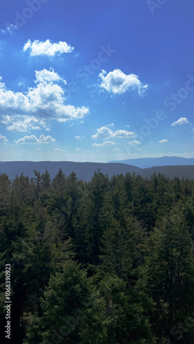 Panoramic view of forested mountains in Poland and the Czech Republic.