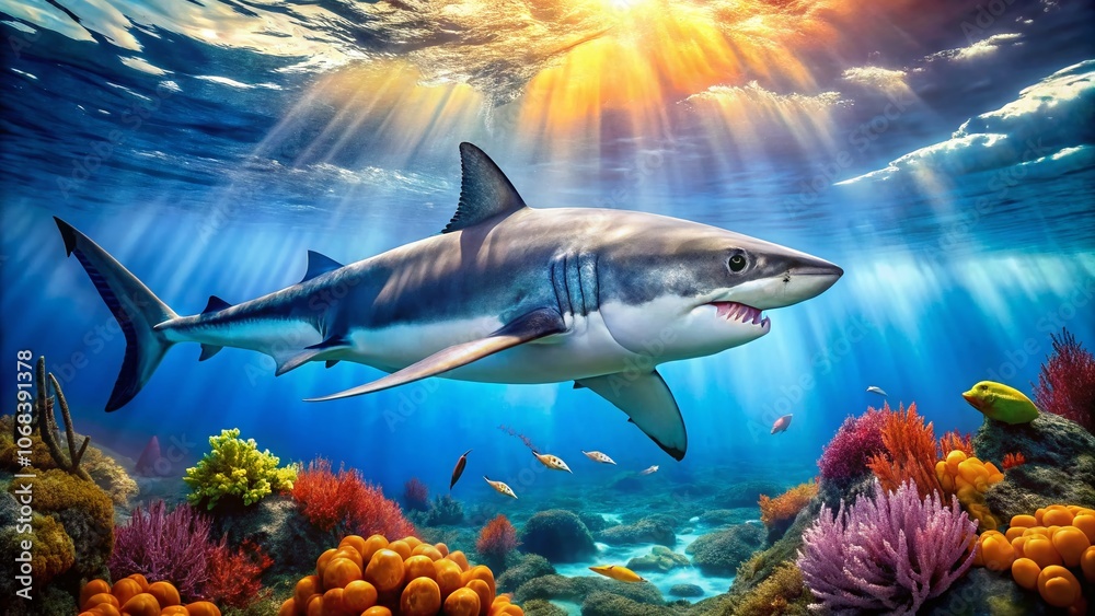 Obraz premium Majestic Great White Shark Swimming Gracefully Through Crystal Clear Ocean Waters, Capturing the Beauty of Marine Life in Stunning Detail for Underwater Photography Enthusiasts