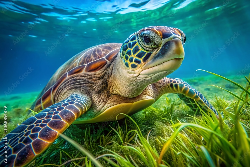 Fototapeta premium Majestic Green Sea Turtle Grazing on Lush Sea Grass in Vibrant Underwater Scene, Captured in Stunning Close-Up During Slow Motion for Nature Enthusiasts and Ocean Lovers