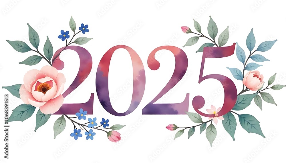 Obraz premium 2025 text design in soft pastels enhanced by a floral border of hand-painted peonies