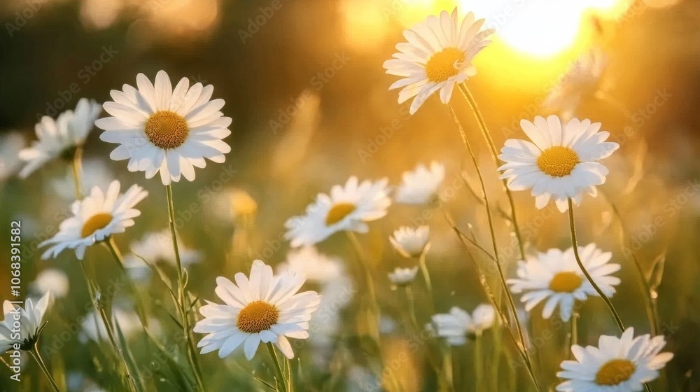 Golden Hour Daisy Meadow, Tranquil Nature's Embrace with Soft Sunlight and Blurred Backdrop Golden Hour Daisy Meadow, Tranquil Nature's Embrace with Soft Sunlight and Blurred Backdrop