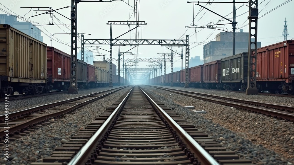 Train Tracks Lined With Cargo Containers in an Industrial Area on a Foggy Day, Capturing a Sense of Depth and Perspective Train Tracks Lined With Cargo Containers in an Industrial Area on a Foggy Day, Capturing a Sense of Depth and Perspective