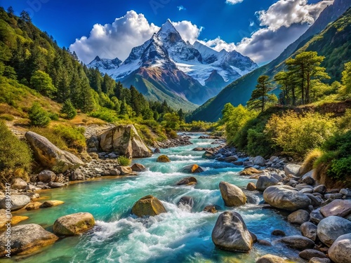 Majestic Mountain River Flowing Through the Manaslu Region in the Himalayas, Surrounded by Lush Greenery and Dramatic Peaks Under a Clear Blue Sky