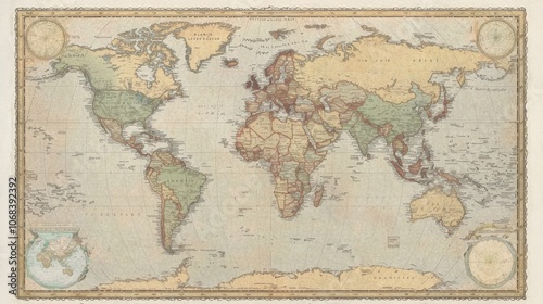 Discover the joyful monkey in a decorative vintage map of the world crafted with gigapixel text shapes