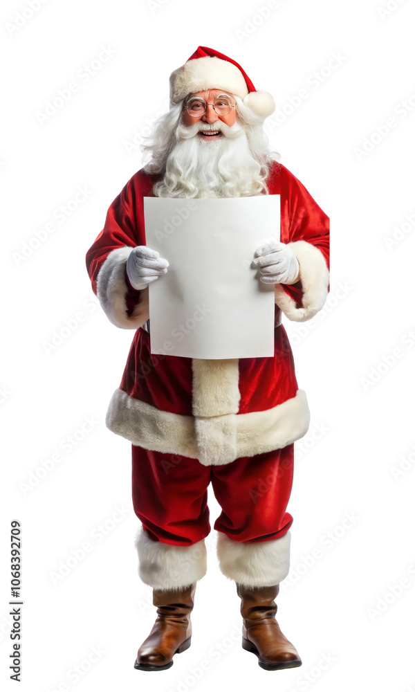 Santa Claus is cheerfully holding a bright white sign and enthusiastically pointing at it for everyone to see and enjoy its message Santa Claus is cheerfully holding a bright white sign and enthusiastically pointing at it for everyone to see and enjoy its message