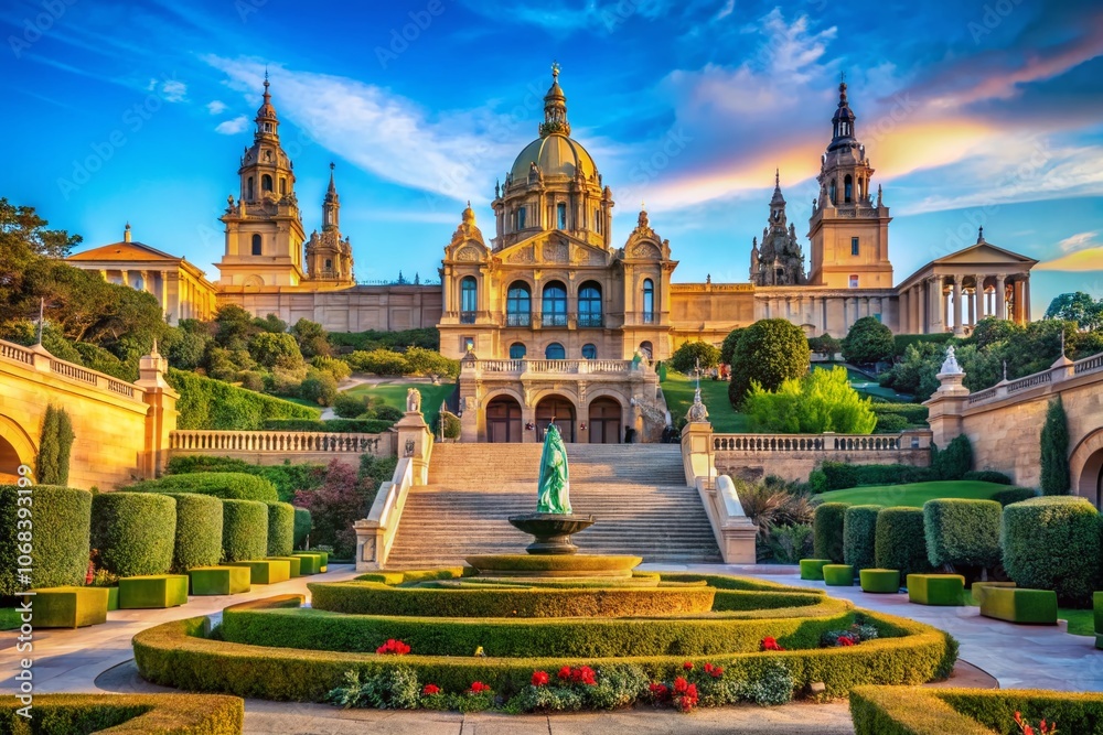 Obraz premium Majestic View of Montjuic National Palace Against a Clear Blue Sky with Lush Gardens in Foreground, Ideal for Travel and Architectural Photography, Copy Space Available