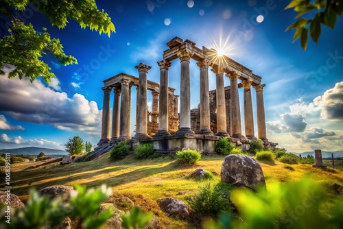 Majestic Temple of Zeus in Aizanoi, Kutahya, Turkey with Bokeh Effect Capturing the Ancient Architectural Grandeur Surrounded by Lush Greenery and a Clear Blue Sky photo