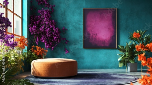 Contemporary Room with AI Art and Fresh Flowers: A contemporary living space with a round ottoman, vibrant floral decor, and a poster mock-up showcasing AI-generated art