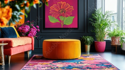 Vibrant Living Space with Fresh Flowers and AI Poster: A vibrant room featuring a colorful round ottoman, bright floral arrangements, and a dynamic AI-generated poster