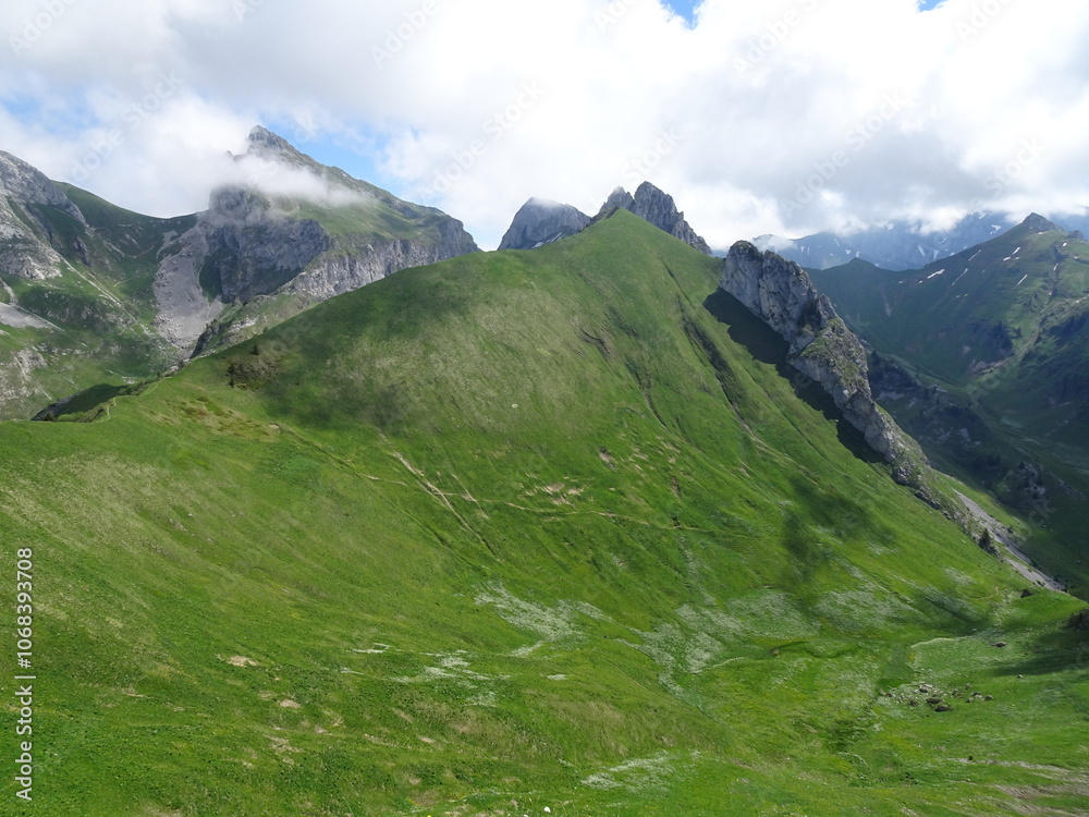 Obraz premium Mountains in the Alpes in France, Haute Savoie, near Bernex in Chablais region. alpine landscape in spring 