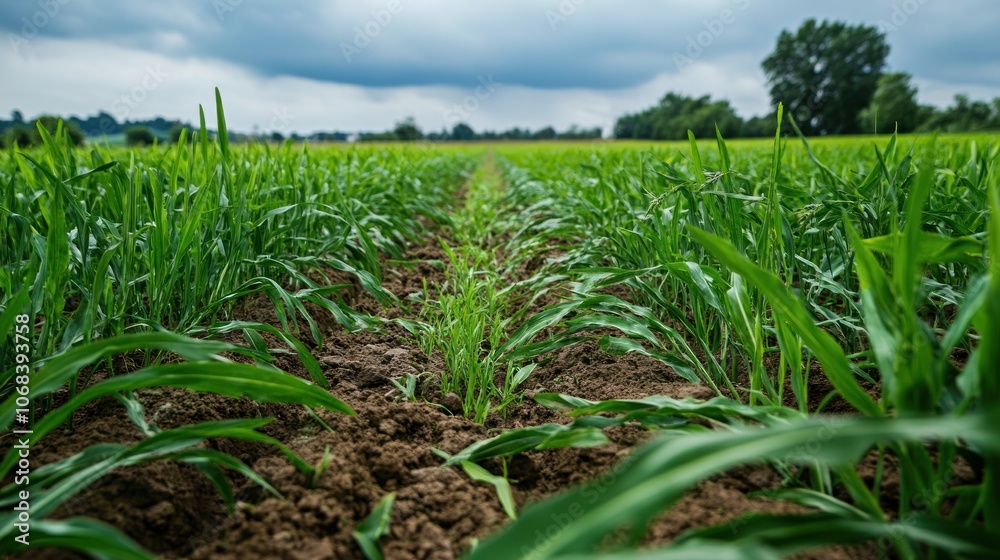 Fototapeta premium A field of bioengineered crops showcasing drought-resistant features, symbolizing the role of biotechnology in climate change adaptation.