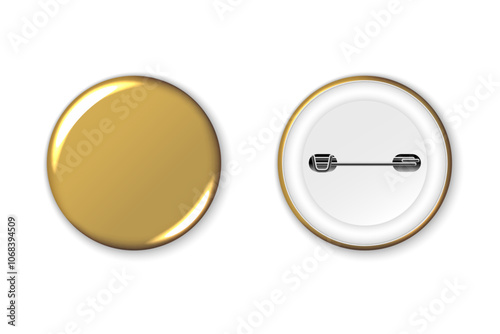 Gold badge mockup. Round badge button brooch. Realistic golden blank glossy round button badge pin with plastic back cover. Vector illustration.