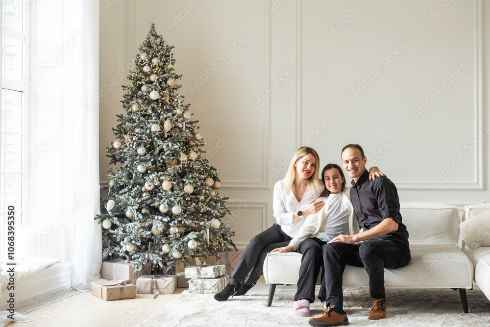 Obraz premium Family celebrating Christmas, exchanging presents 