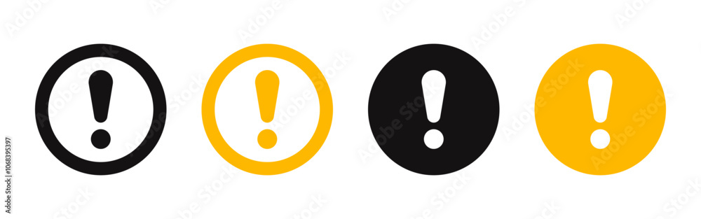 Caution alarm icons set. Danger, attention, yellow and black fatal error message element, exclamation mark of warning attention. Vector illustration. Caution alarm icons set. Danger, attention, yellow and black fatal error message element, exclamation mark of warning attention. Vector illustration.