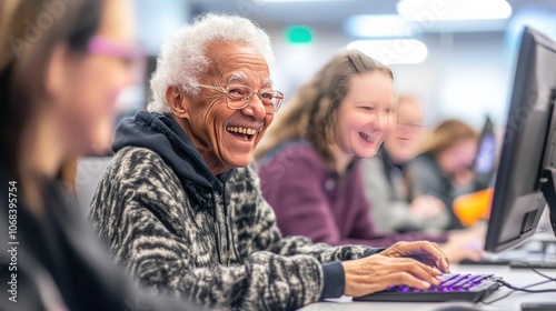 A group of seniors attending a computer class, laughing together while learning to navigate the online world in a fun and supportive environment.