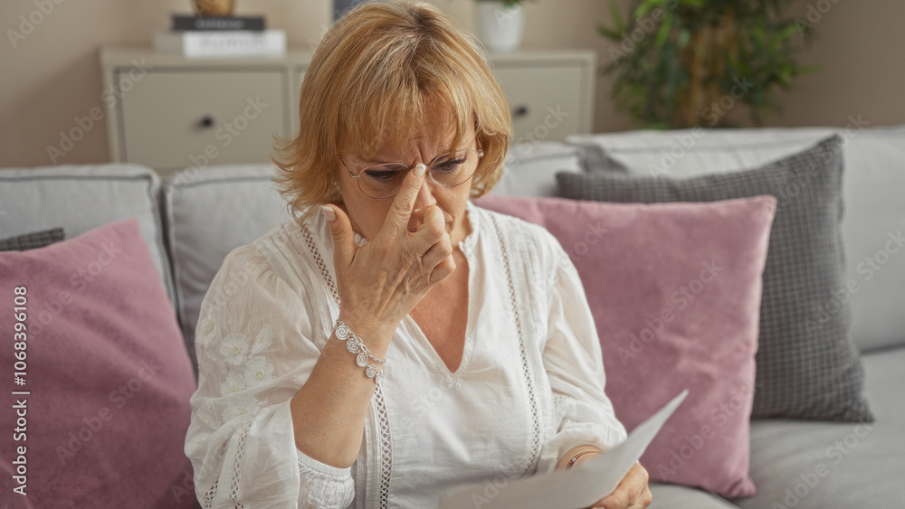 Mature woman in a living room reading a document with a concerned expression, sitting on a couch with pink and grey pillows. Mature woman in a living room reading a document with a concerned expression, sitting on a couch with pink and grey pillows.