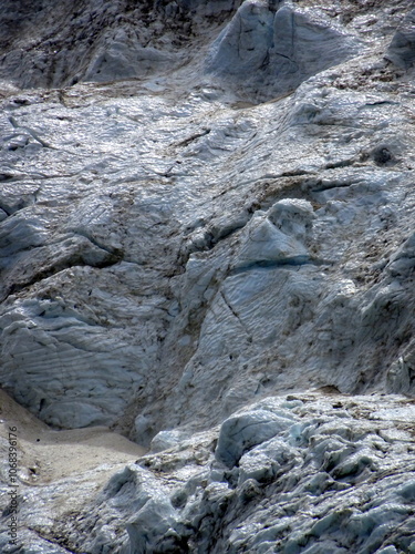 Close up of the Bossons Glacier in the French Alps near Chamonix in Haute Savoie. Alpine glacier close up. Impressive wall of ice  photo