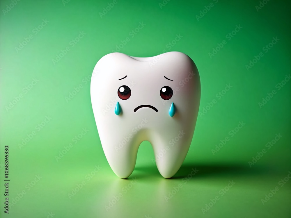 Minimalist Photography of a Tooth Crying Due to Cavities on a Green Background, Highlighting Dental Health Issues and Emphasizing the Importance of Oral Hygiene for Children and Adults Alike