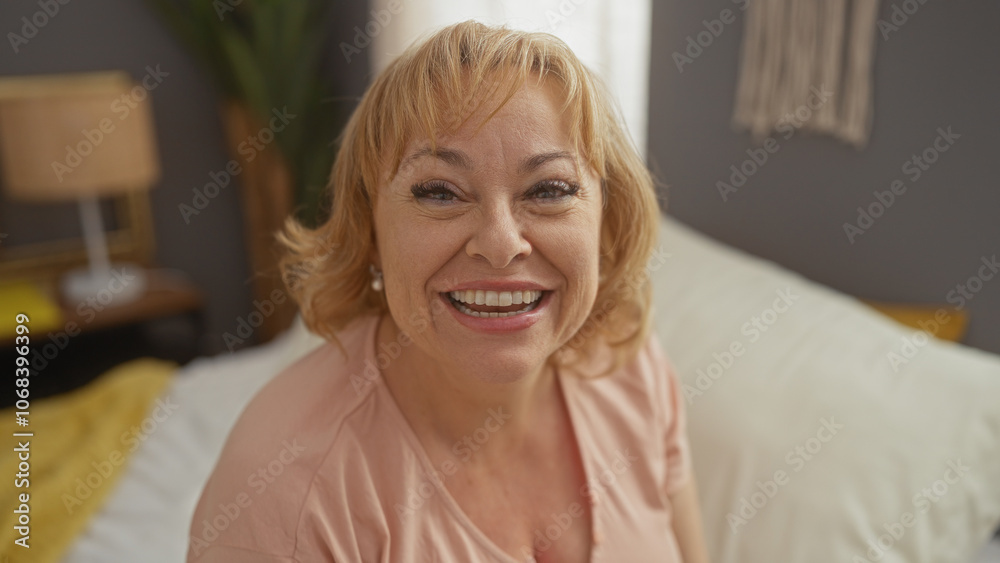 A beautiful blonde middle-aged caucasian woman smiling warmly while sitting on a bed in a cozy, well-decorated bedroom at home. A beautiful blonde middle-aged caucasian woman smiling warmly while sitting on a bed in a cozy, well-decorated bedroom at home.