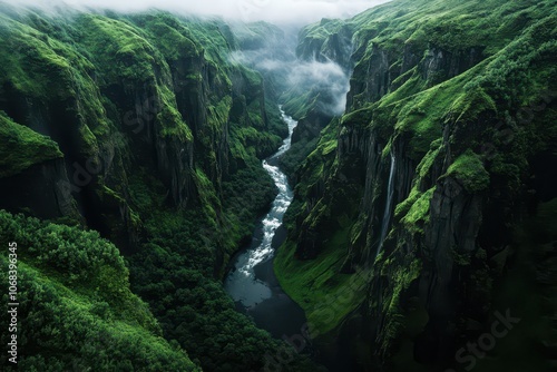 Majestic rocky cliffside adorned with lush greenery overlooking a serene river below.