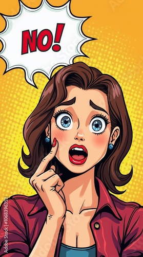 Comic style surprised woman with bright expression saying no