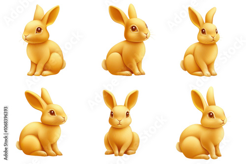 Illustration of multiple golden rabbits sitting and posing in a whimsical arrangement