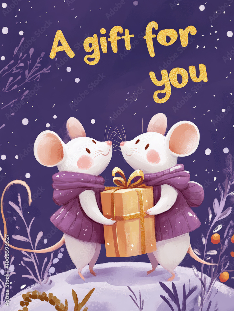 Fototapeta premium Charming Christmas Illustrations with Featuring Mice: Cute Holiday Designs for Cards, Wallpapers, T-Shirts, Posters & Decor