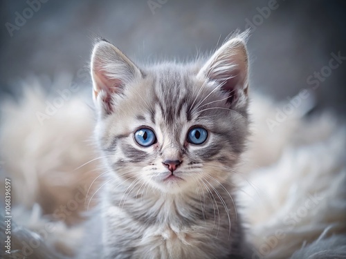 Minimalist Portrait of a Gray Kitten with Striking Blue Eyes, Captured in Soft Natural Light Against a Simple Background for a Serene and Elegant Feel