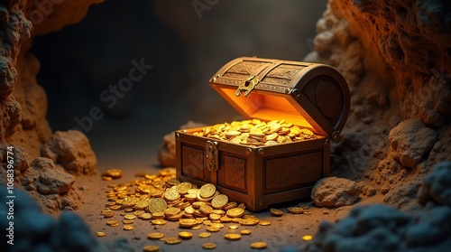 Treasure chest overflowing with gold coins in mysterious cave