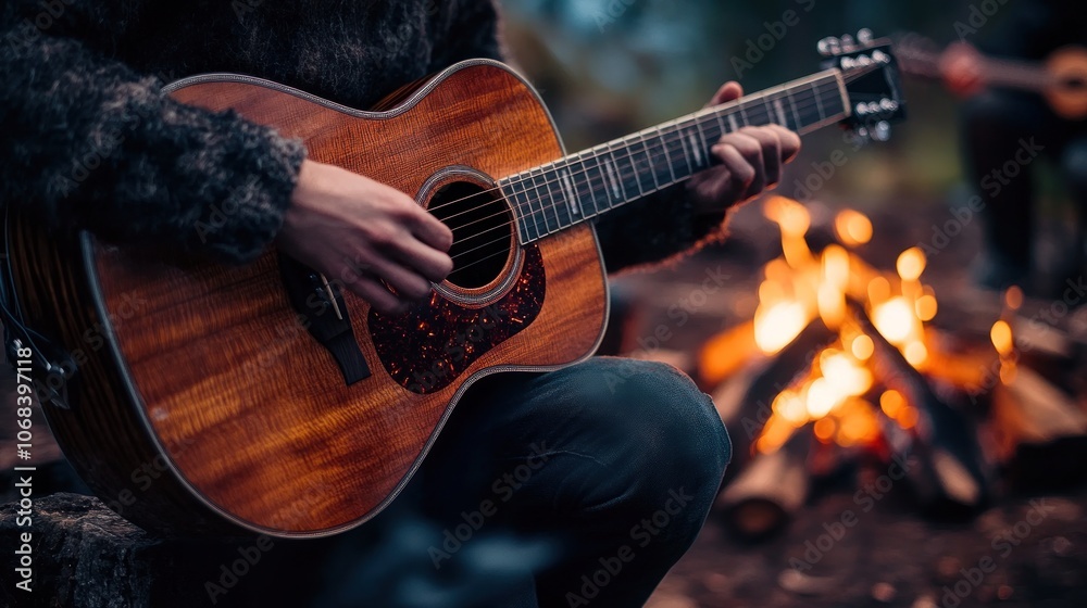 Obraz premium A musician strumming a guitar by a campfire, surrounded by friends, sharing the happiness of music and creative expression in the moment.