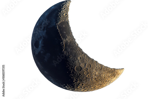 Isolated black crescent moon with craters and textures against a 