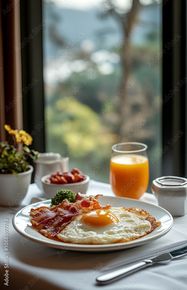 Delicious breakfast with eggs, bacon, and orange juice in hotel room Delicious breakfast with eggs, bacon, and orange juice in hotel room